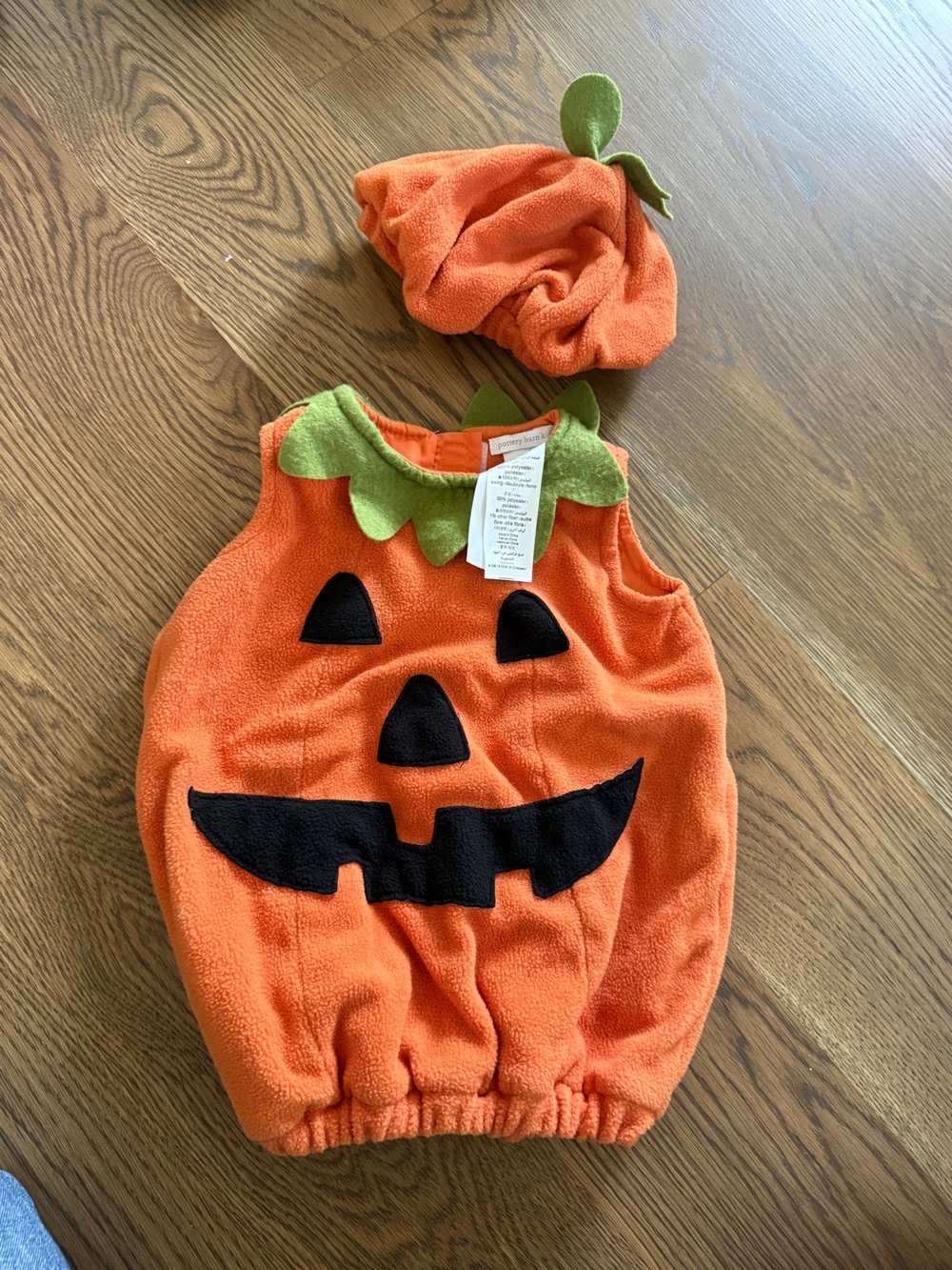 Pottery Barn Kids Orange Pumpkin Jack-O'-Lantern Costume with Green Leaf Collar